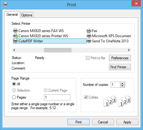 CutePDF-select as printer
